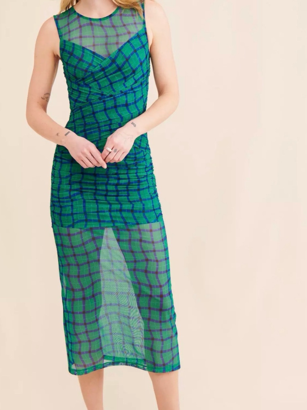 Simon Miller Kinny Ruched Plaid Mesh Midi Dress Anthropologie Green Blue- Size L - Picture 8 of 13